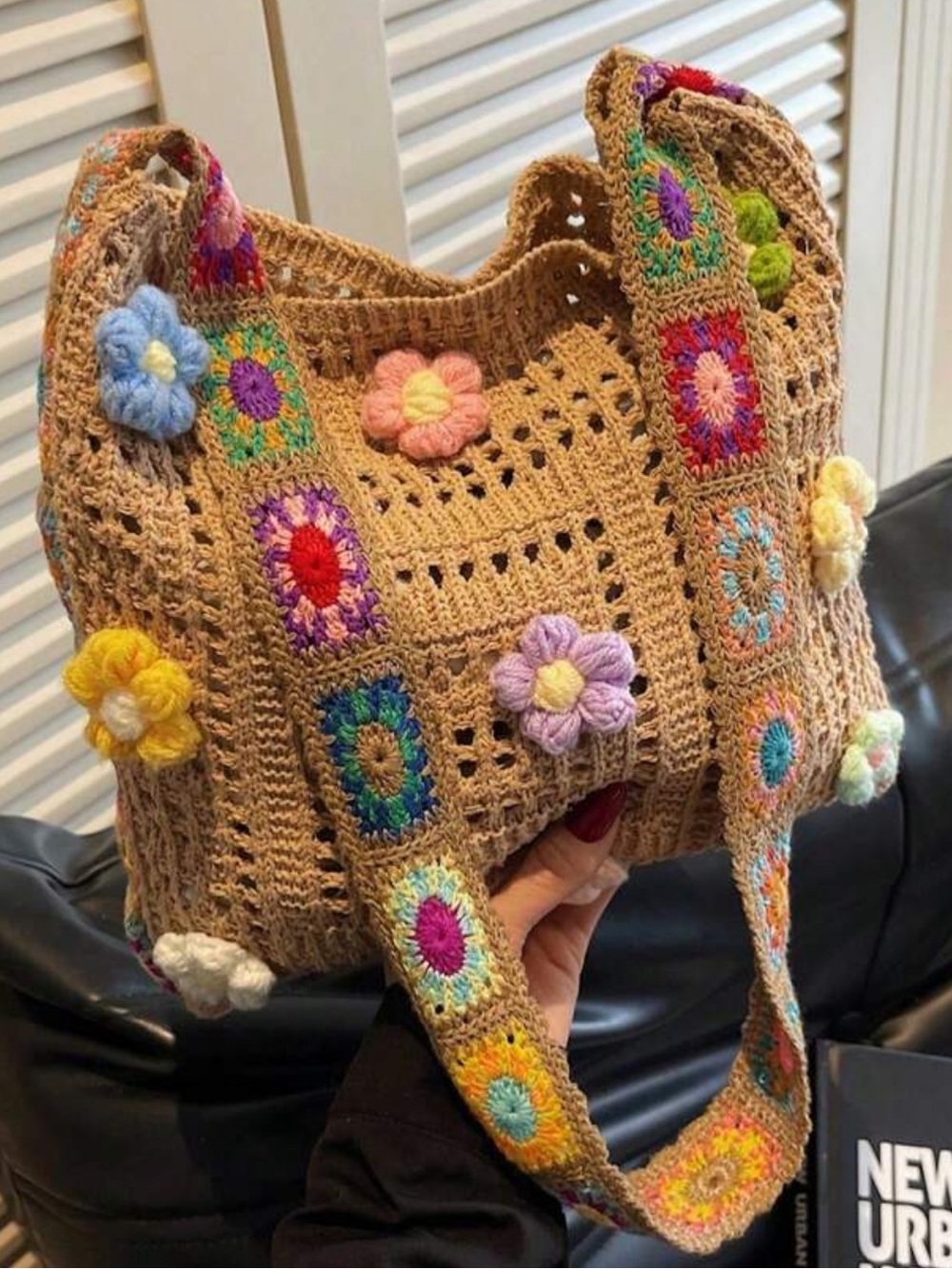 Bohemian Handmade Beige Crochet Floral Tote Bag - Picture 1 of 5
